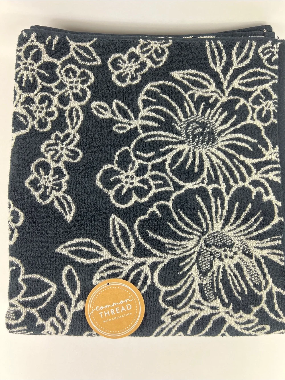 Common Thread Bath Towel Set Bold Black Cream Floral Soft Cotton 6 Pc NEW